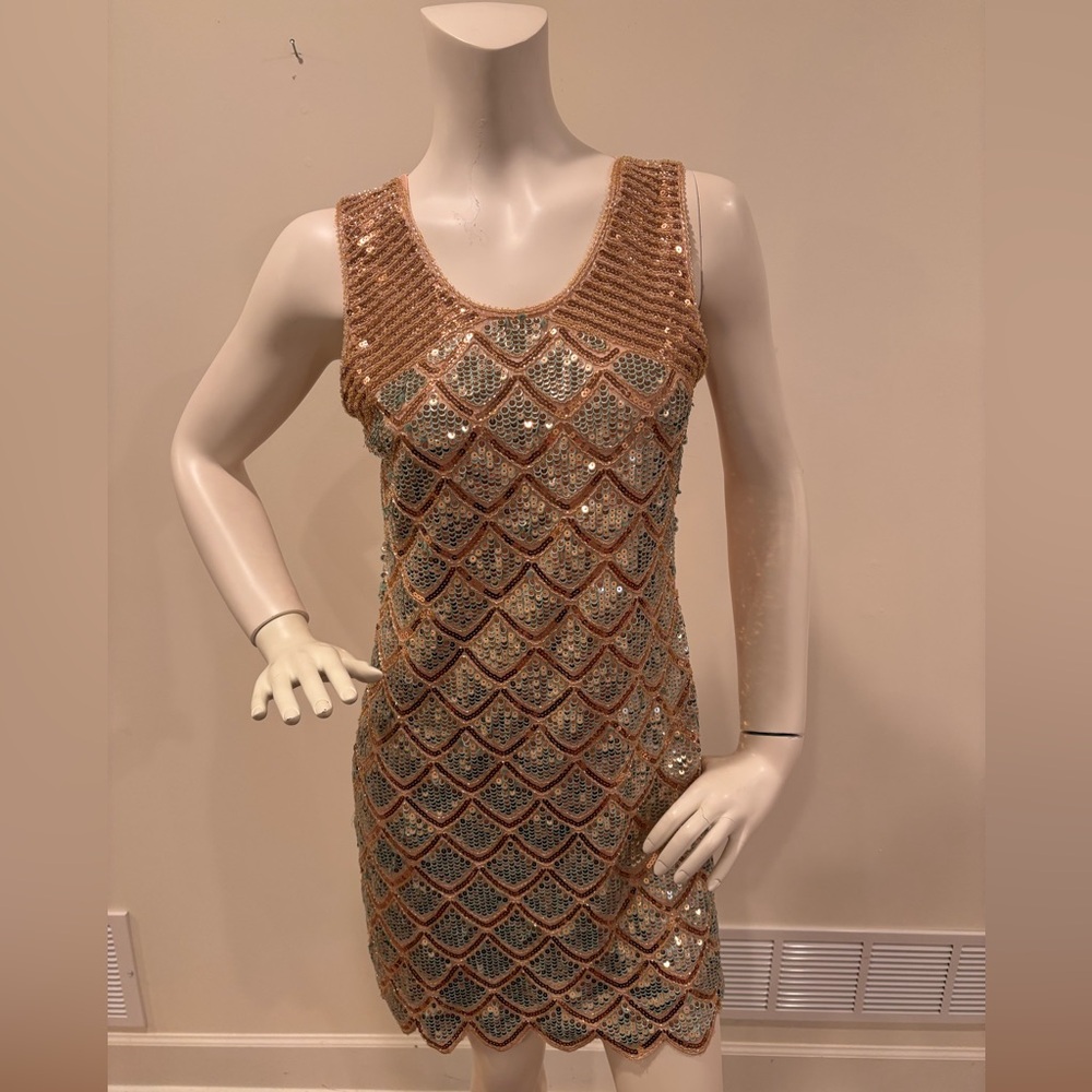 Pronto USA Sequin Mermaid Art Deco Scallop Dress, rose gold and blue, OS - Picture 5 of 14